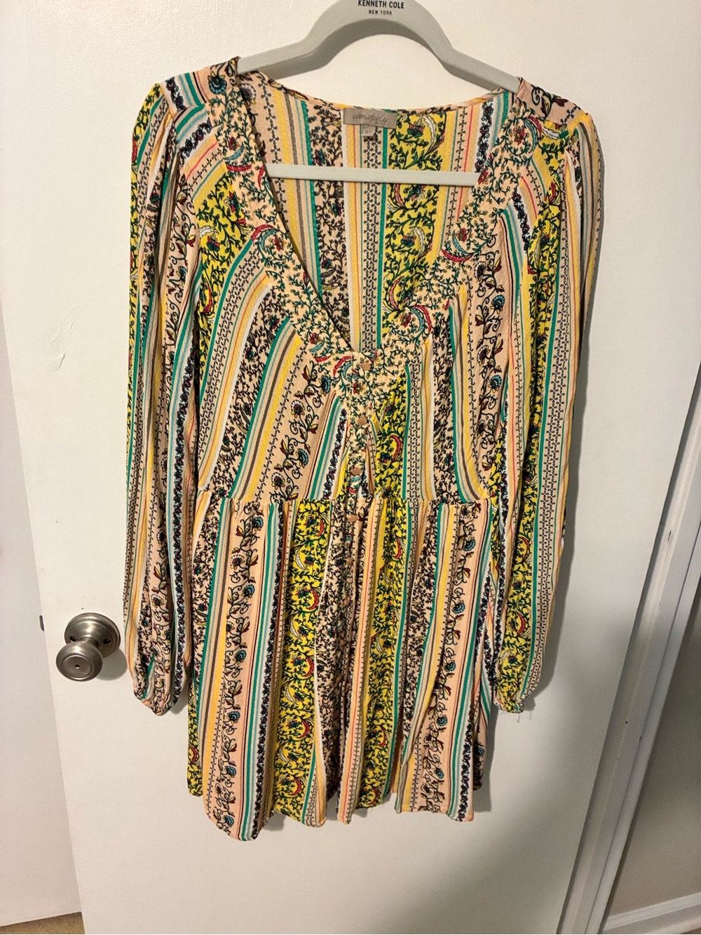 Wonderly Multicolor Striped Floral V-Neck Dress (Yellow, Teal, Peach)